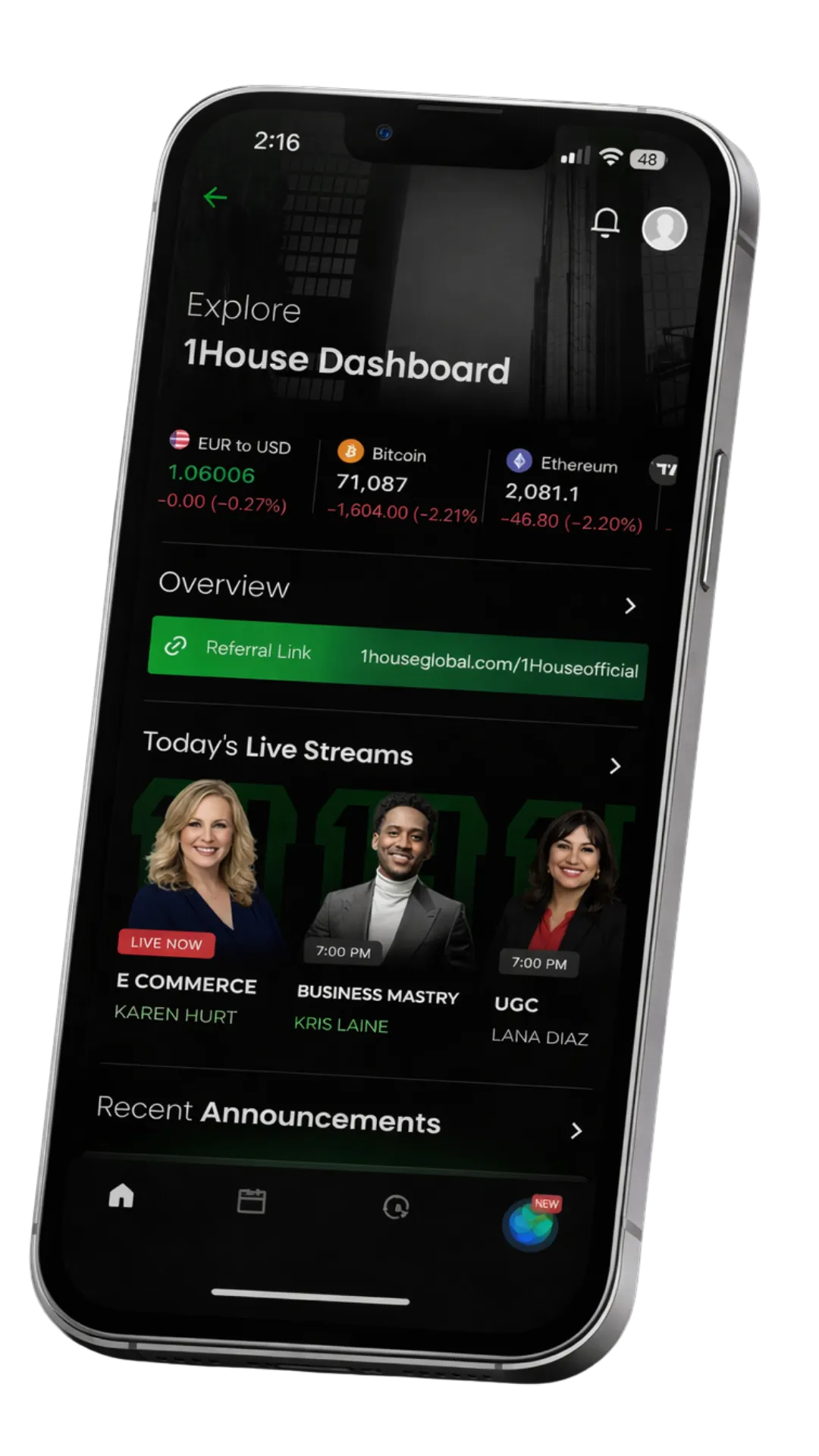 1House mobile app dashboard showing today's live streams